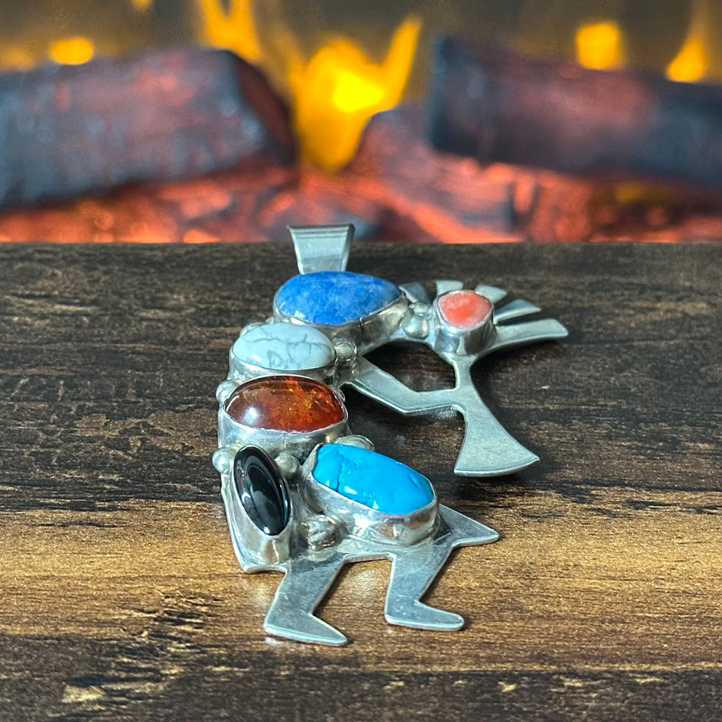 Navajo Emer Thompson Turquoise Denim Lapis Amber Onyx Coral 6 Stone Sterling Kokopelli Pendant