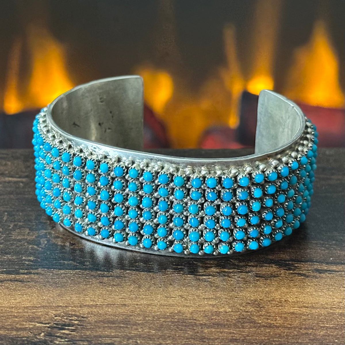 Navajo Stephen Haloo Turquoise 240 Stone Sterling Snake Eye Raindrop Statement Cuff