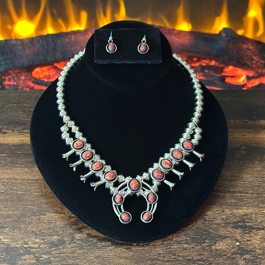 Navajo Phil & Lenora Garcia Red Spiny Oyster 13 Stone Sterling Squash Blossom Earrings Set