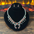 Navajo Phil & Lenora Garcia Red Spiny Oyster 13 Stone Sterling Squash Blossom Earrings Set