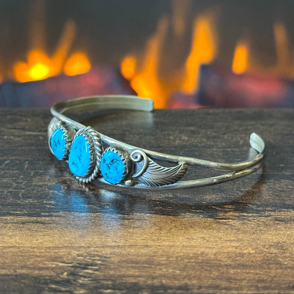 Turquoise 3 Stone Sterling Twist Wire Bezel Leaf Stacker Cuff
