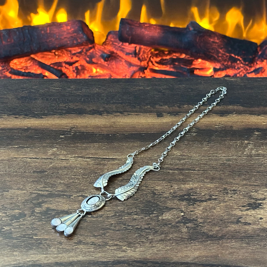 Navajo Harry Spencer Pink Mother of Pearl 4 Stone Sterling Hand Stamped Feather Necklace