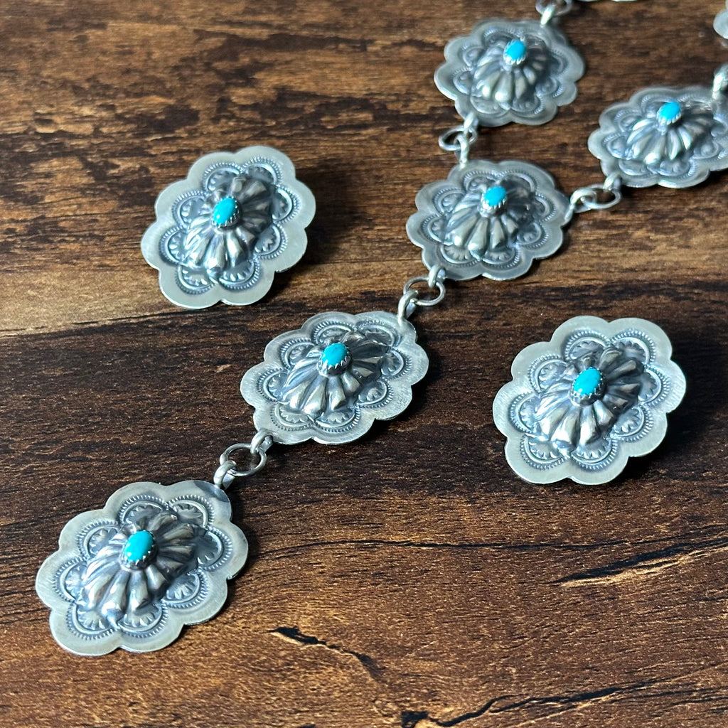 Navajo Raymond Benally Turquoise 7 Stone Sterling Hand Stamped Concho Lariat Necklace Earrings Set