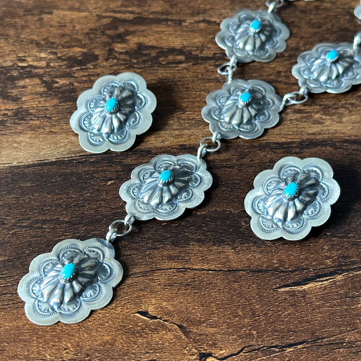 Navajo Raymond Benally Turquoise 7 Stone Sterling Hand Stamped Concho Lariat Necklace Earrings Set