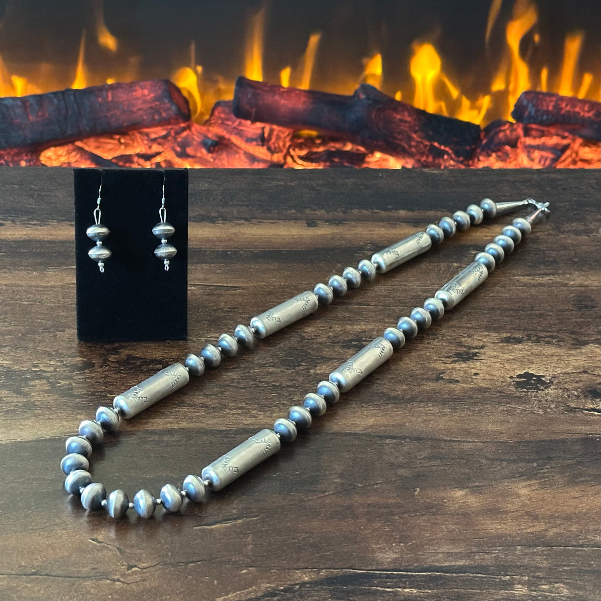 Navajo Sharon Cooley Sterling Handmade Stamped Cylinder Bead Necklace Earrings Set