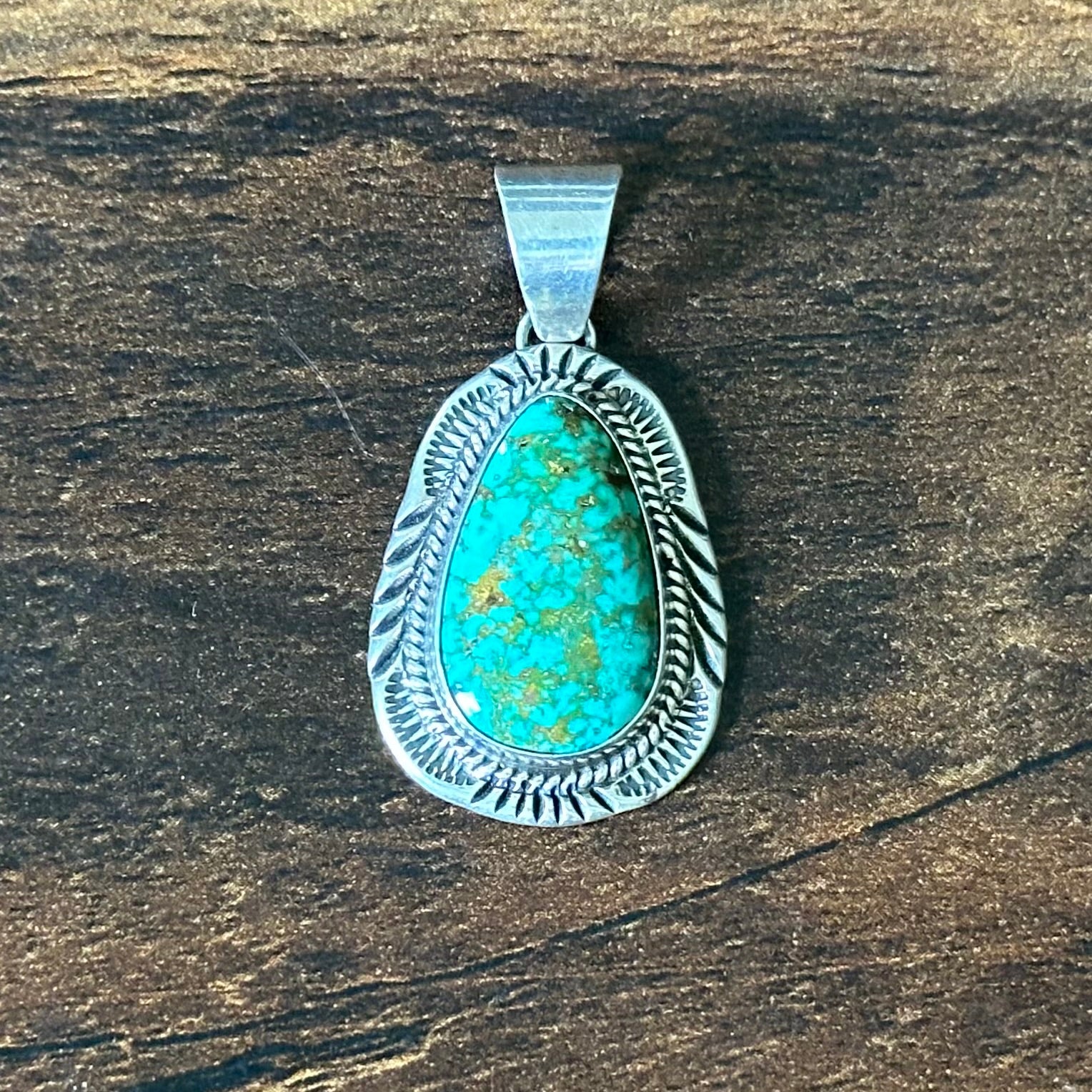 Navajo Will Denetdale Turquoise Sterling Hand Stamped Twist Wire Bezel Teardrop Pendant
