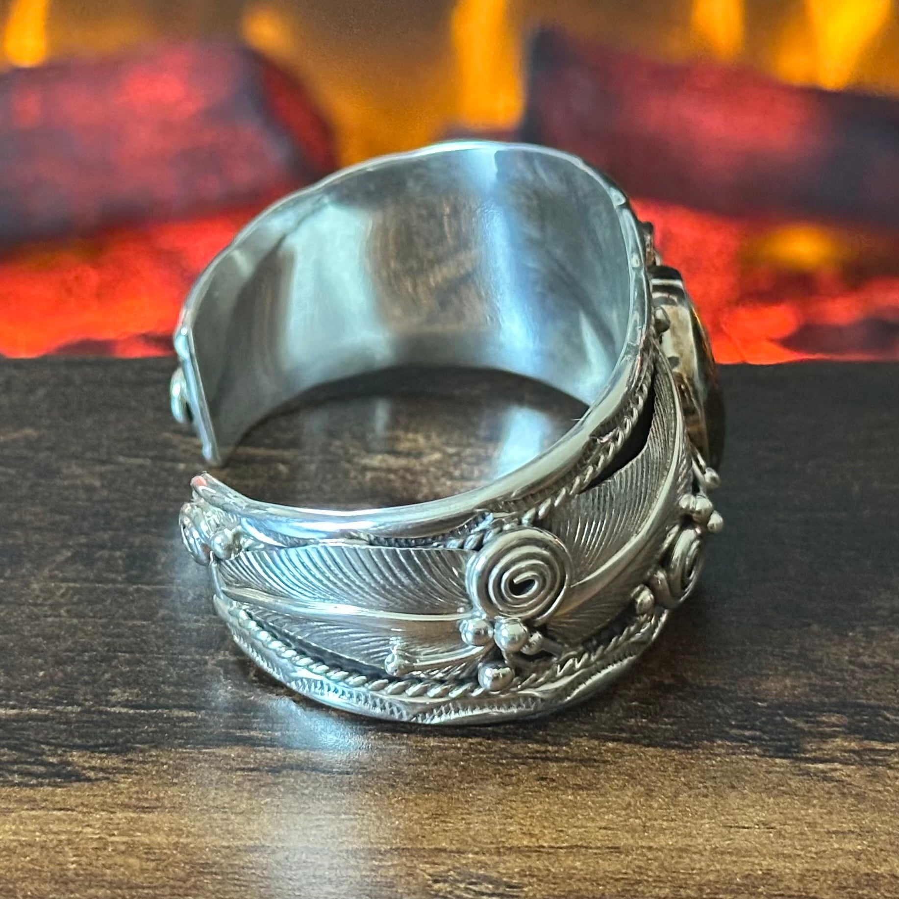 Navajo Darrell Morgan Turquoise Sterling Hand Stamped Ornate Feather Statement Cuff
