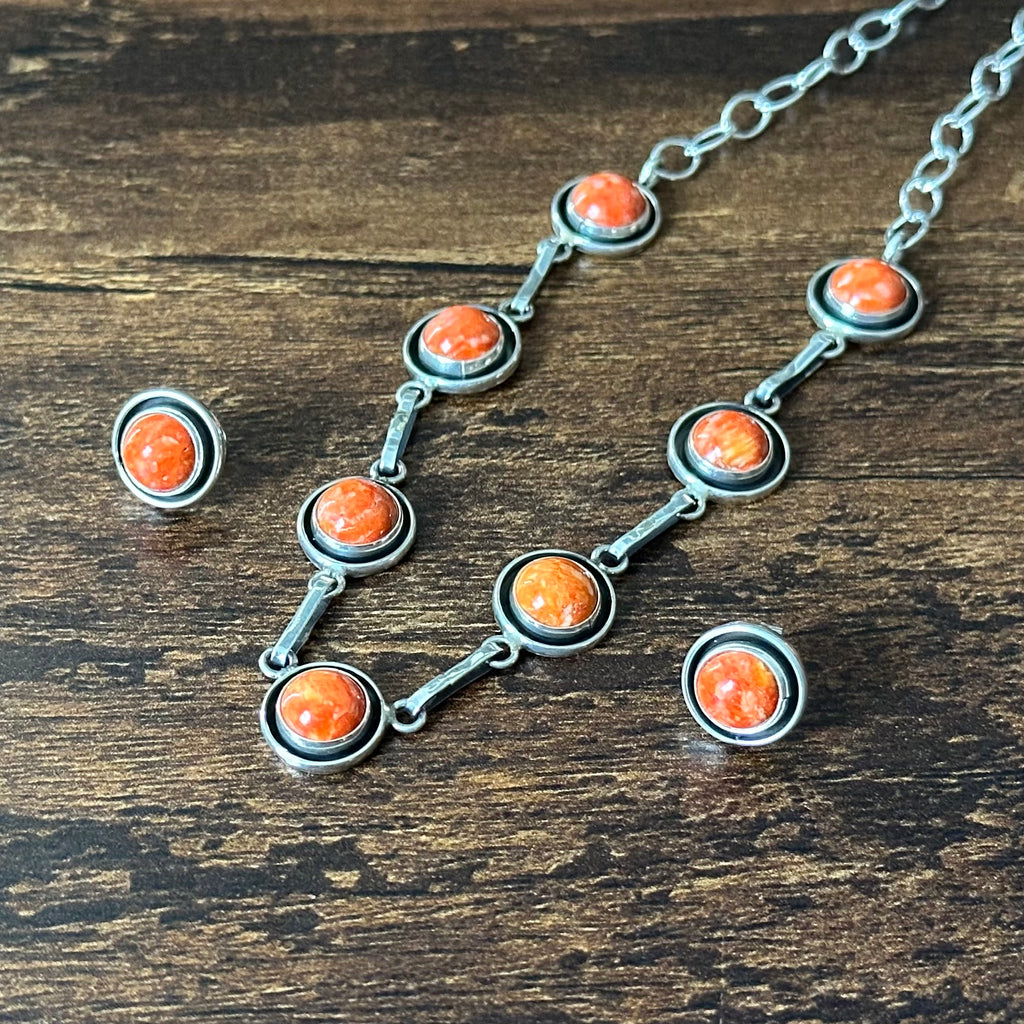 Navajo Martin Perry Spiny Oyster 7 Stone Sterling Shadowbox Station Necklace Earrings Set