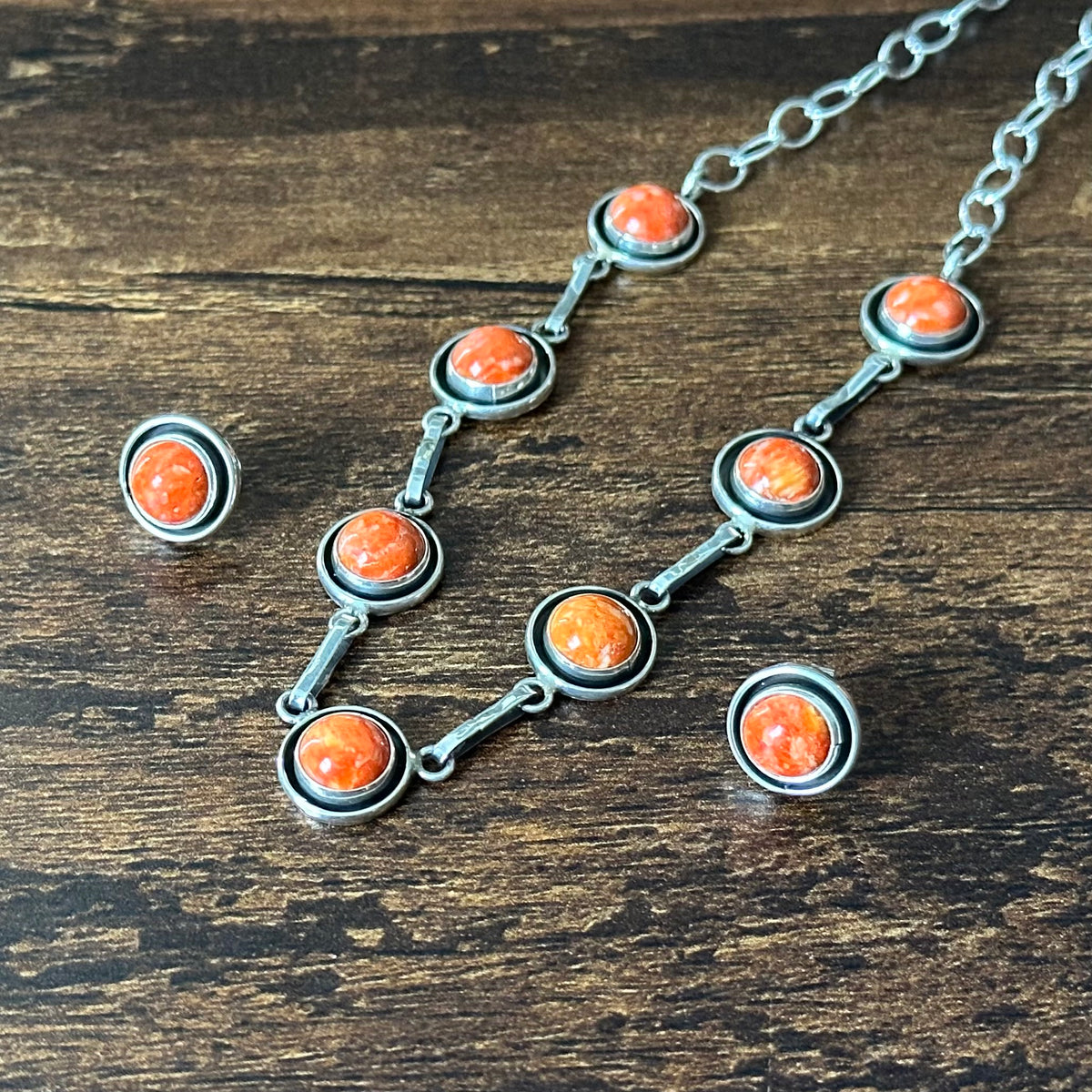 Navajo Martin Perry Spiny Oyster 7 Stone Sterling Shadowbox Station Necklace Earrings Set