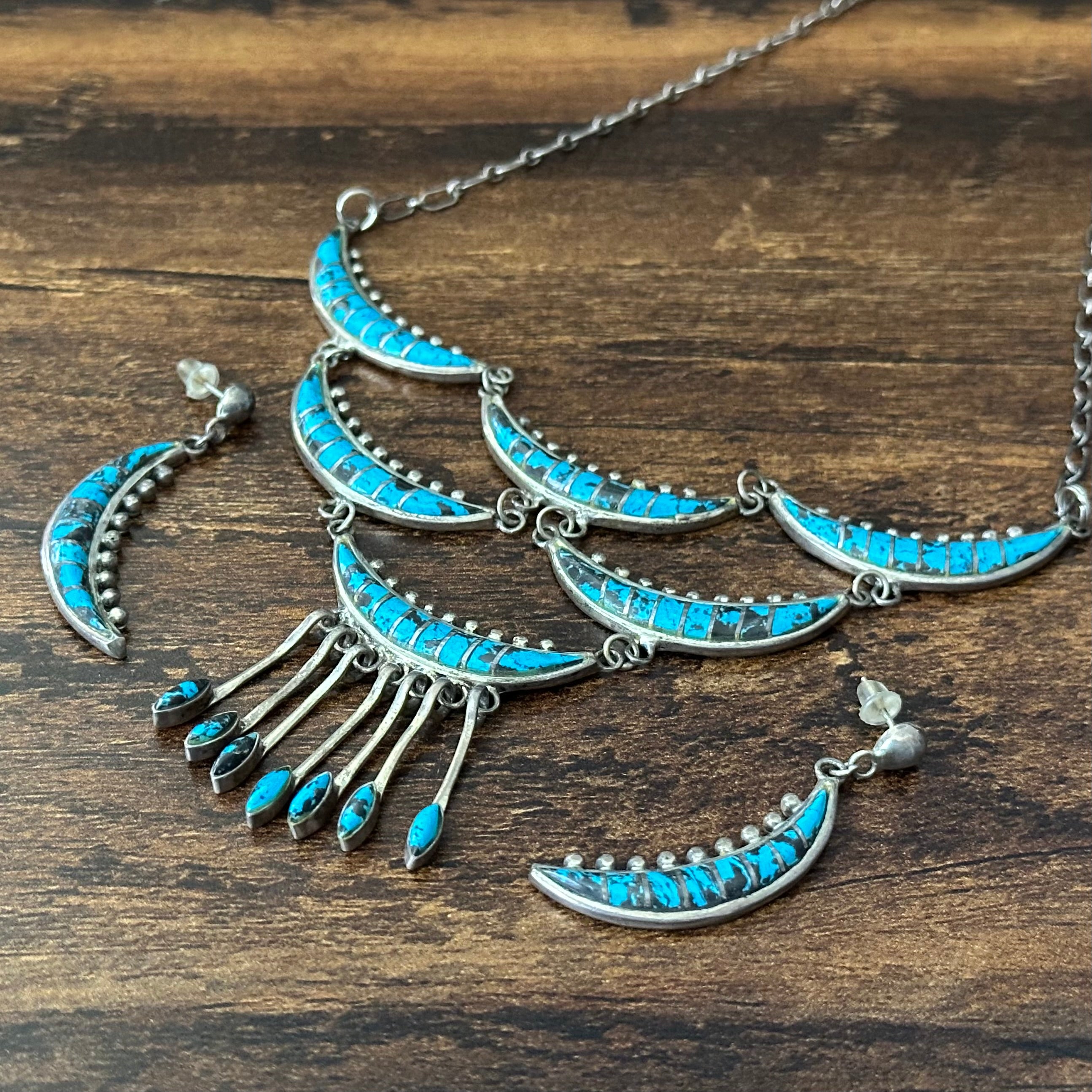 Vintage Turquoise Sterling Crescent Inlay Statement Necklace Earrings Set