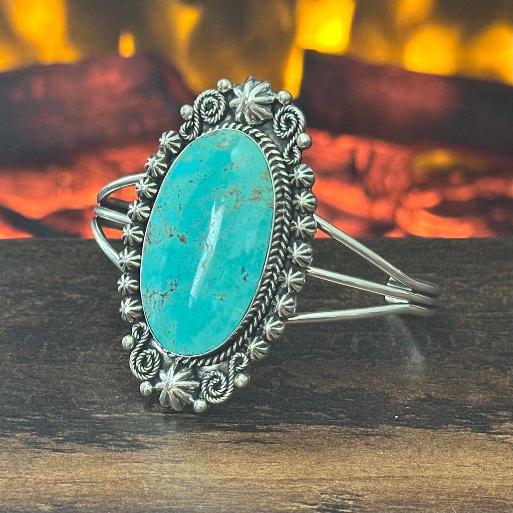 Navajo Jennifer Calladitto Turquoise Sterling Twist Wire Bezel Statement Cuff