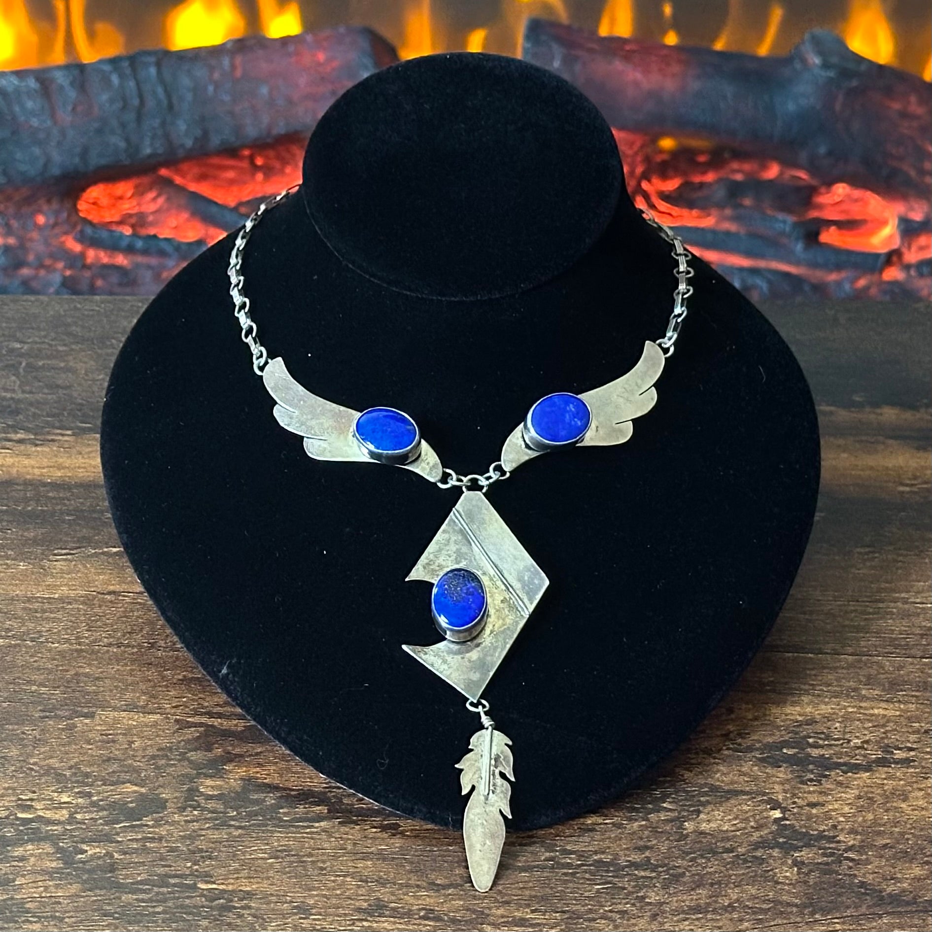 Navajo Leonard & Marian Nez Lapis 3 Stone Sterling Abstract Wing Feather Necklace