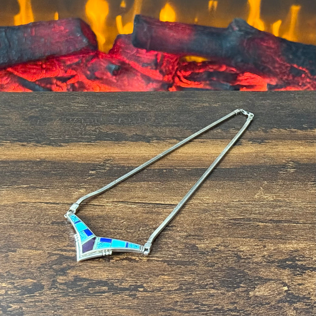 Navajo Charles Willie Turquoise Lapis Sugilite Gaspeite Sterling Chevron Inlay Necklace