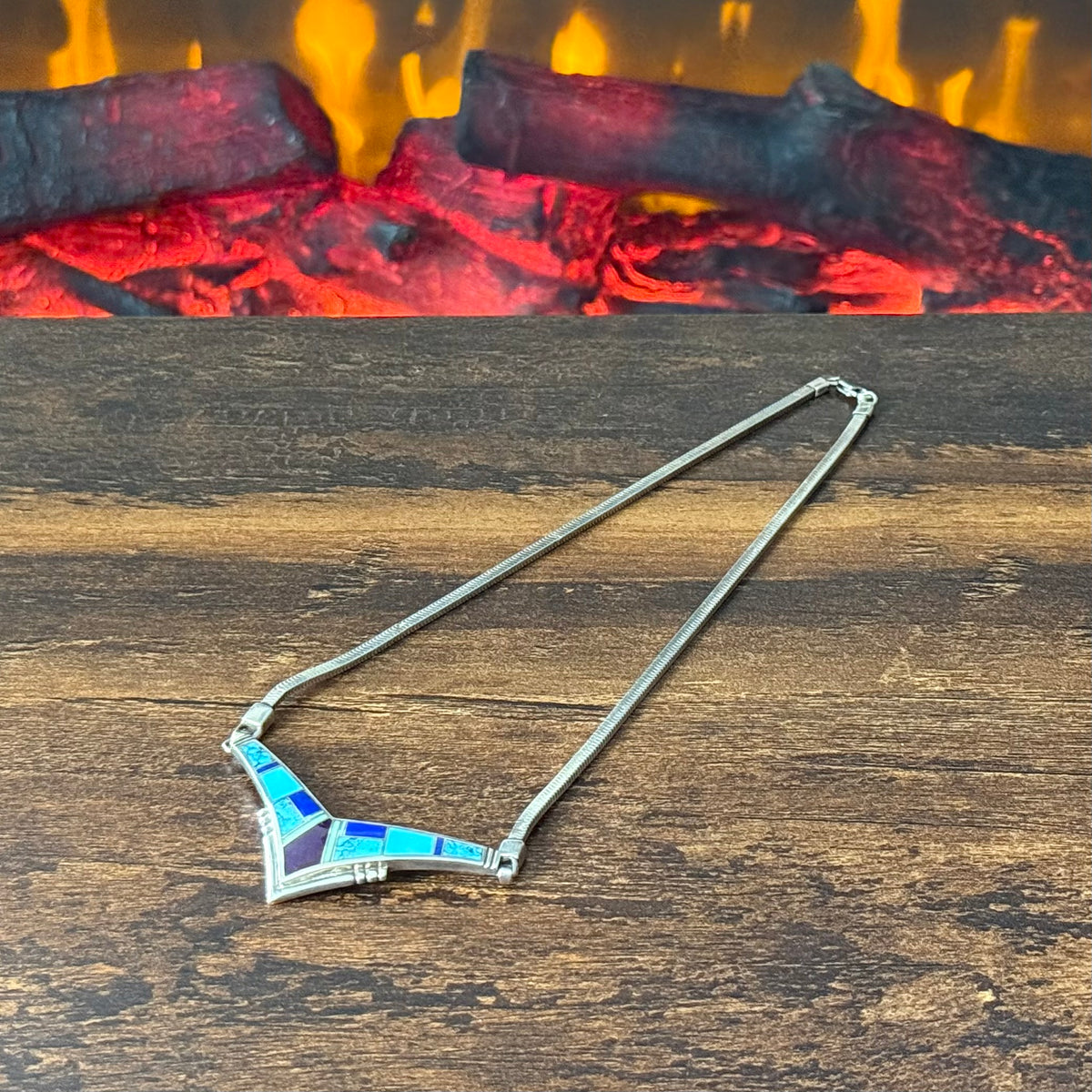 Navajo Charles Willie Turquoise Lapis Sugilite Gaspeite Sterling Chevron Inlay Necklace