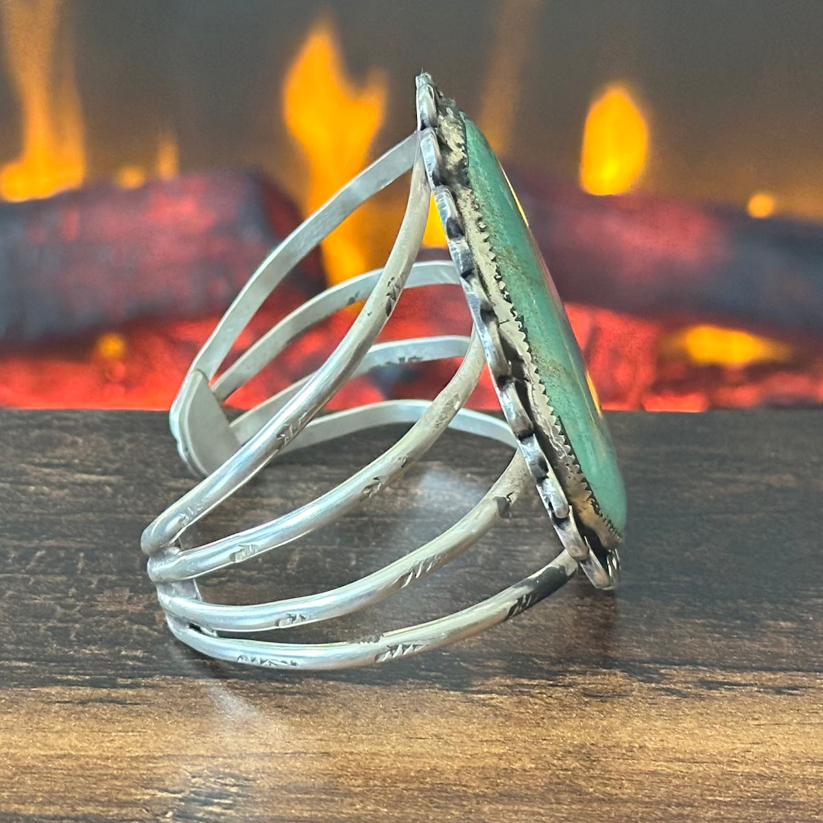 Vintage Turquoise Sterling Hand Stamped Floral Statement Cuff