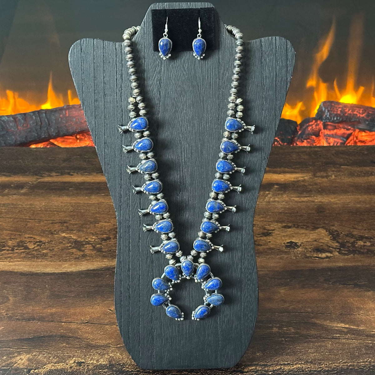 Navajo Phil & Lenora Garcia Lapis 23 Stone Sterling Raindrop Squash Blossom Earrings Set