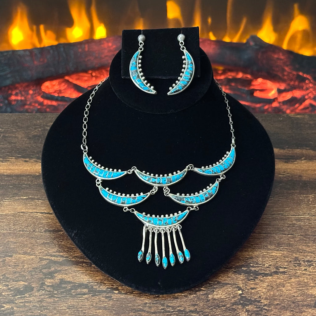 Vintage Turquoise Sterling Crescent Inlay Statement Necklace Earrings Set