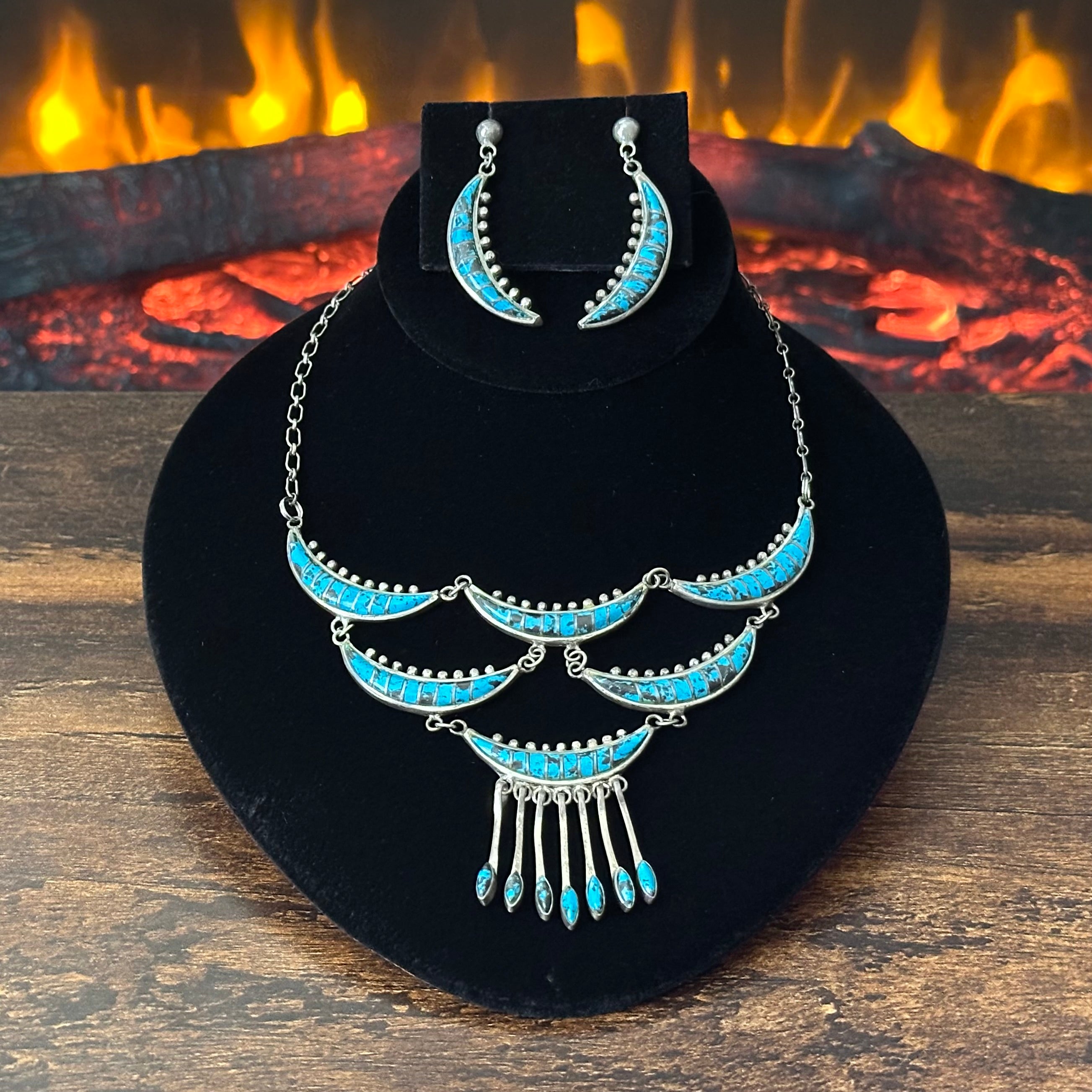 Vintage Turquoise Sterling Crescent Inlay Statement Necklace Earrings Set
