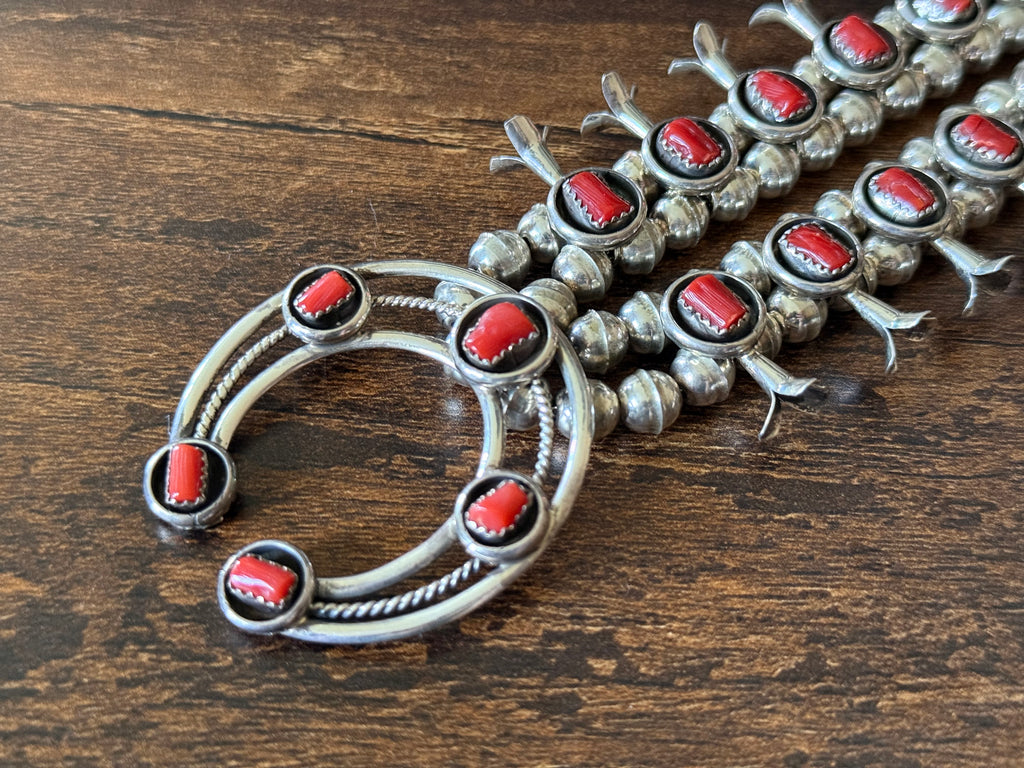 Navajo Phil & Lenora Garcia Red Coral 19 Stone Sterling Squash Blossom Necklace Earrings Set