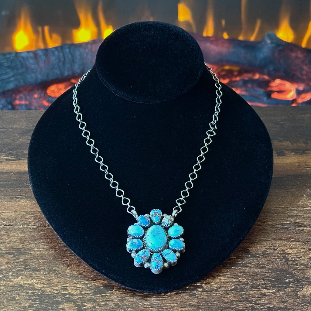 Navajo Anna Spencer Golden Hills Turquoise 11 Stone Cluster Raindrop Pendant Necklace