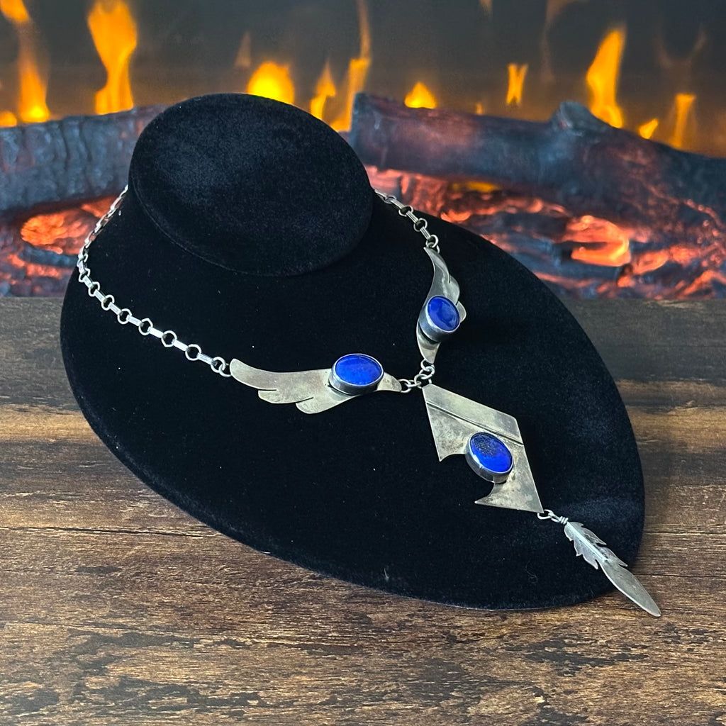 Navajo Leonard & Marian Nez Lapis 3 Stone Sterling Abstract Wing Feather Necklace