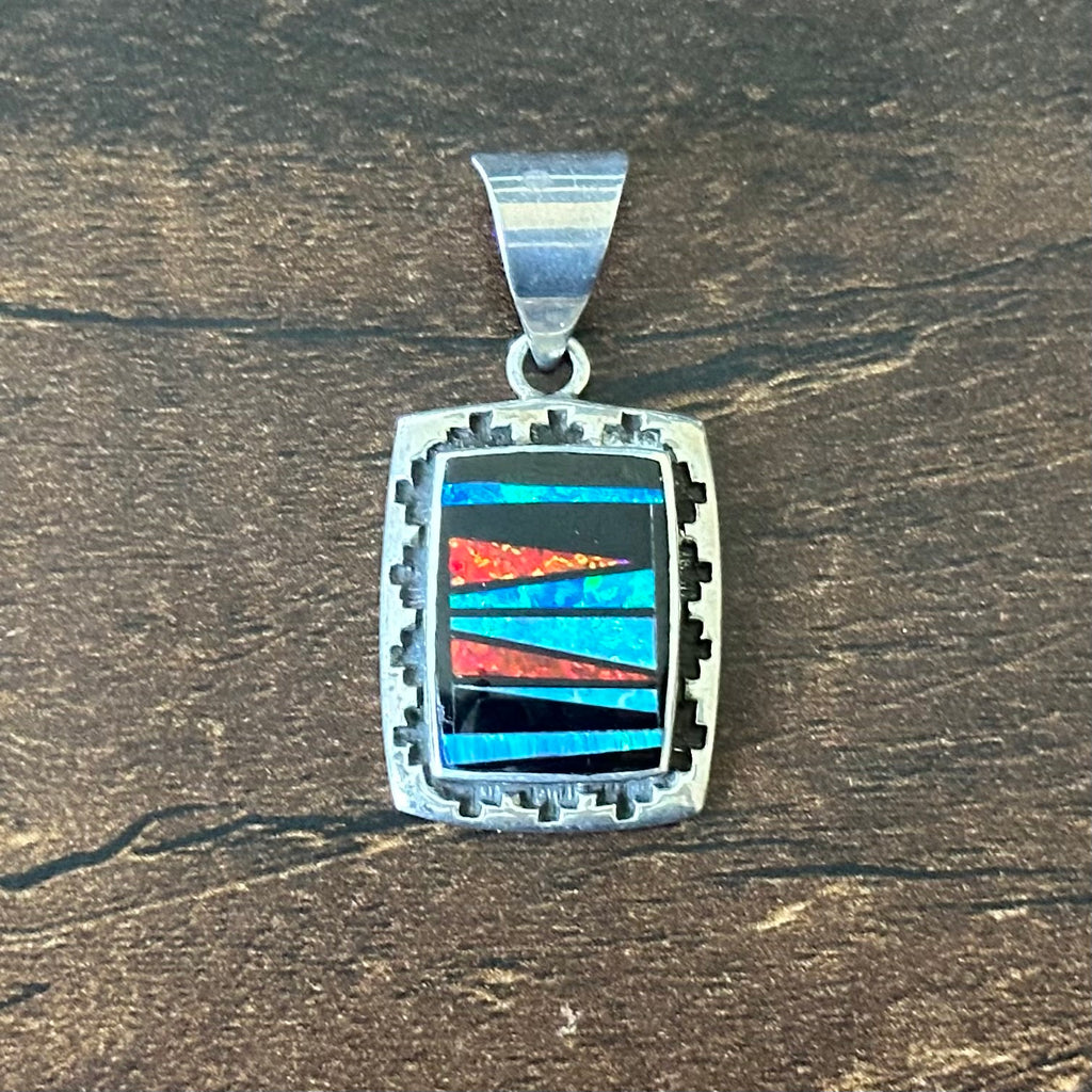 CH Signed Supersmiths Inc. Opal Onyx Sterling Hand Stamped Rectangular Inlay Pendant