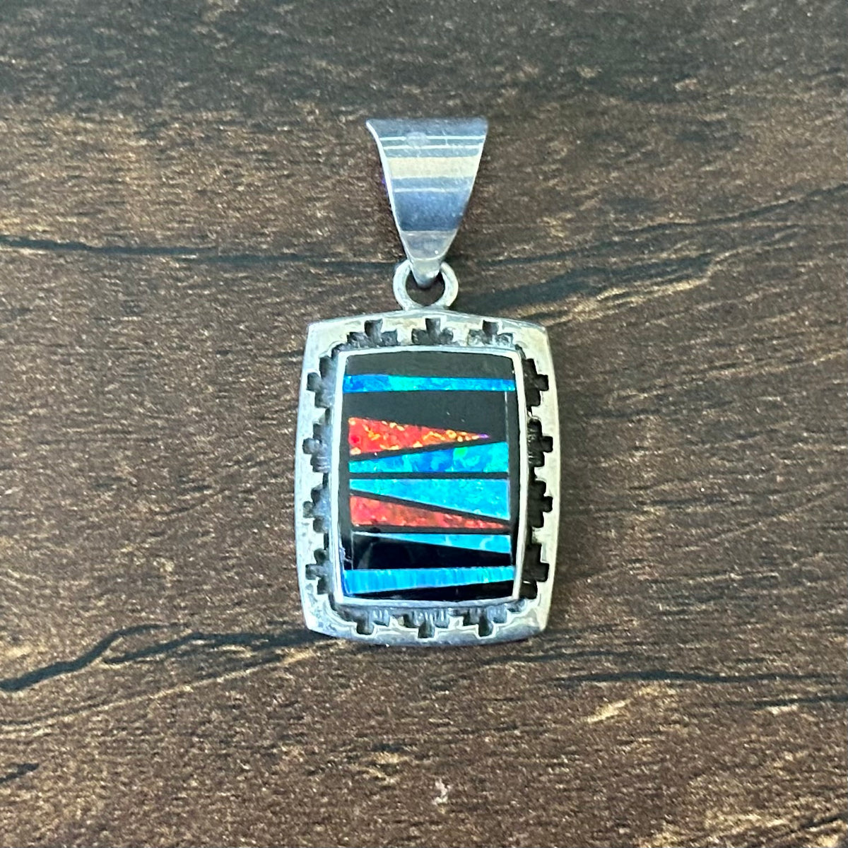 CH Signed Supersmiths Inc. Opal Onyx Sterling Hand Stamped Rectangular Inlay Pendant