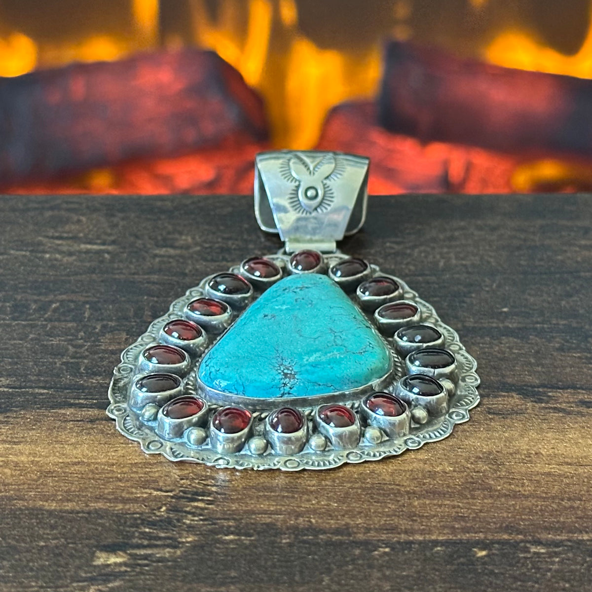 DV Signed Turquoise Garnet 19 Stone Sterling Hand Stamped Raindrop Statement Pendant