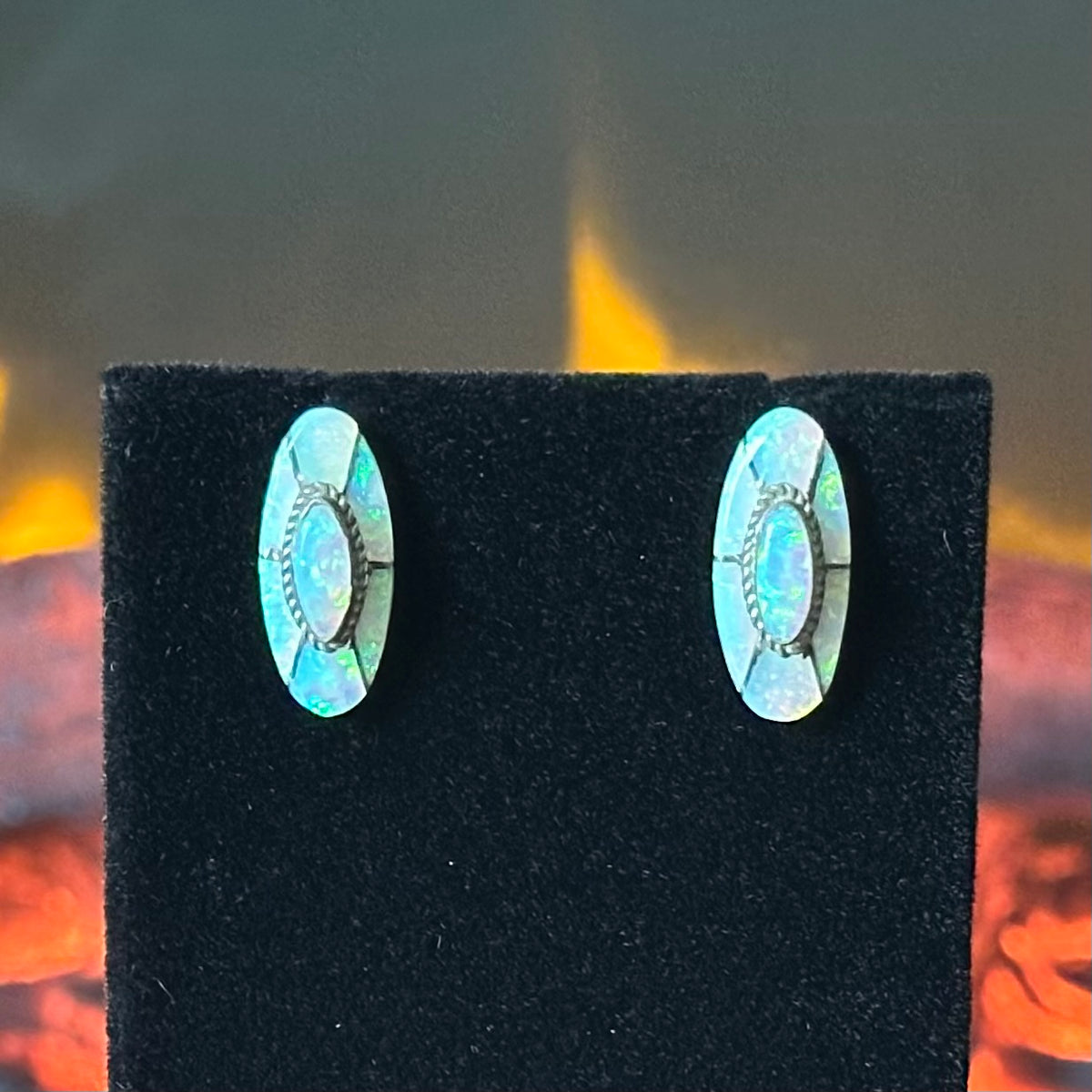 FM Signed Opal Sterling Twist Wire Inlay Stud Earrings