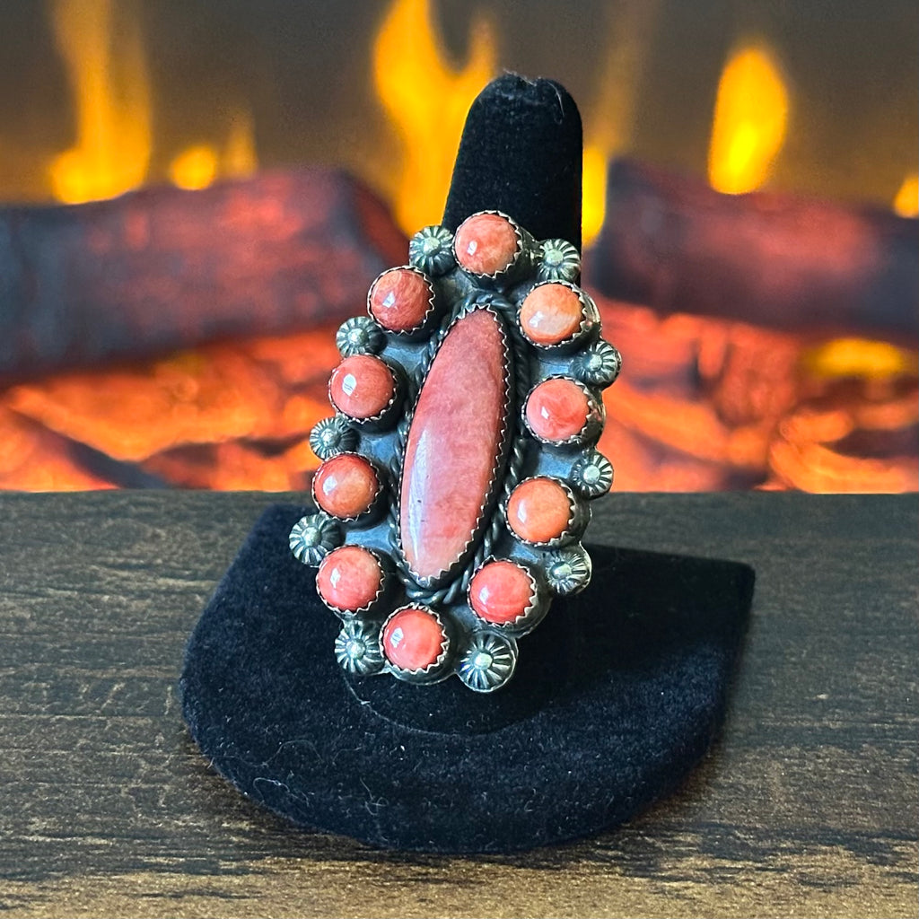 Navajo Robert Shakey Red Spiny Oyster 11 Stone Sterling Cluster Statement Ring