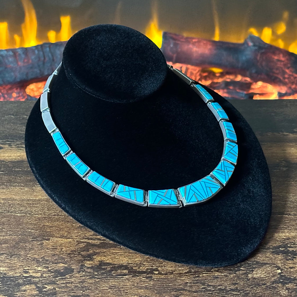 Navajo Pamela Daniels TSF Turquoise Sterling Hinged Geometric Inlay Necklace