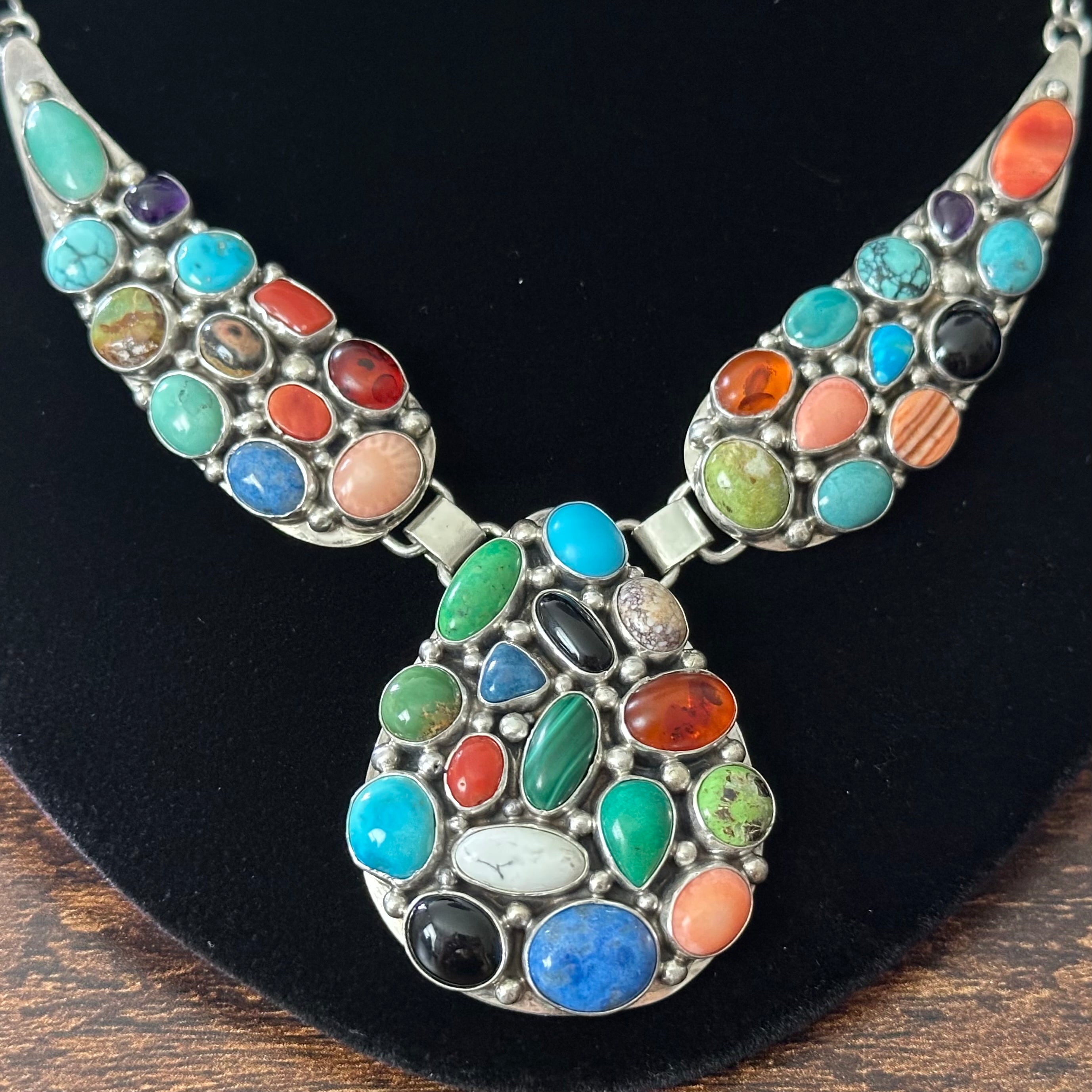 Navajo Emer Thompson Turquoise Onyx Amber Sodalite Red Coral Spiny Oyster Gaspeite Amethyst 40 Stone Sterling Cluster Teardrop Statement Necklace