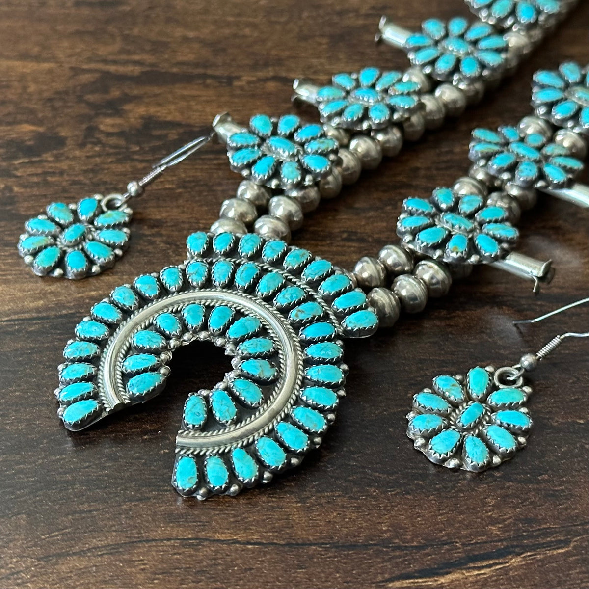 Navajo Larry Moses Begay Vintage Turquoise 166 Stone Sterling Cluster Squash Blossom Necklace Earrings Set