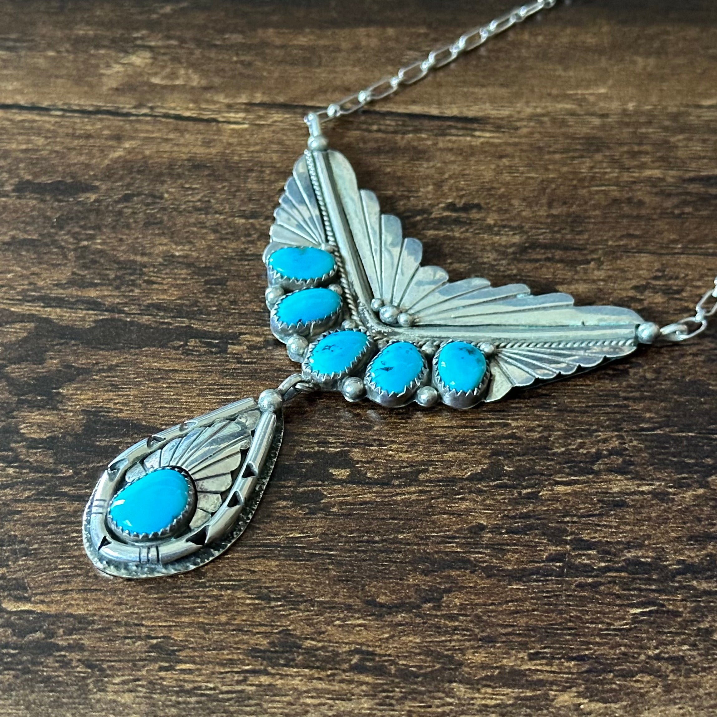 Turquoise 6 Stone Sterling Twist Wire Raindrop Necklace