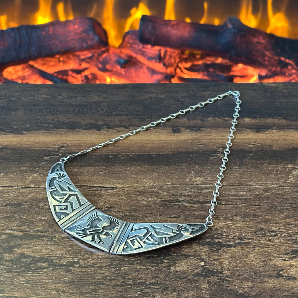 LD Signed Sterling Overlay Kokopelli Eagle Hinged Necklace