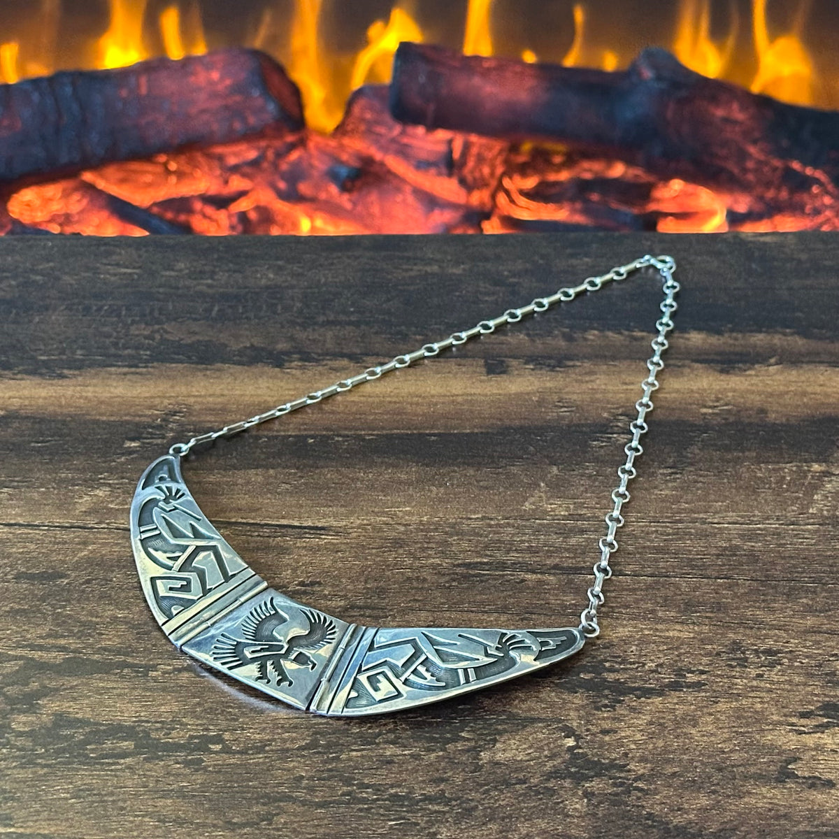 LD Signed Sterling Overlay Kokopelli Eagle Hinged Necklace