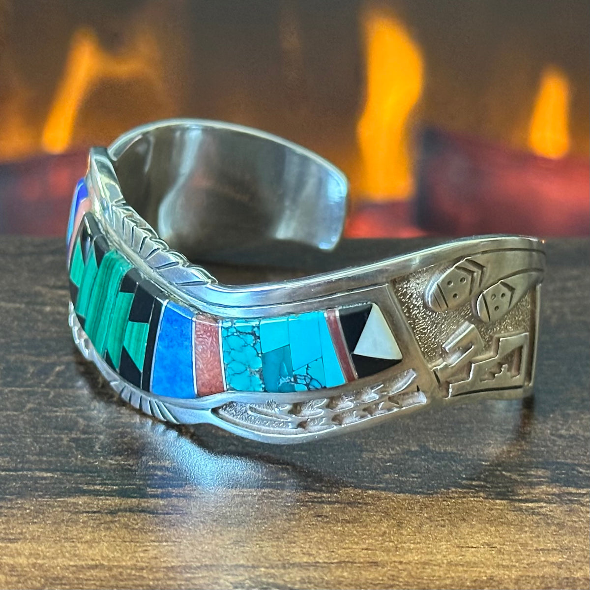 Navajo Calvin Begay Turquoise Malachite Onyx Lapis Red Coral Sterling Overlay Geometric Inlay Cuff