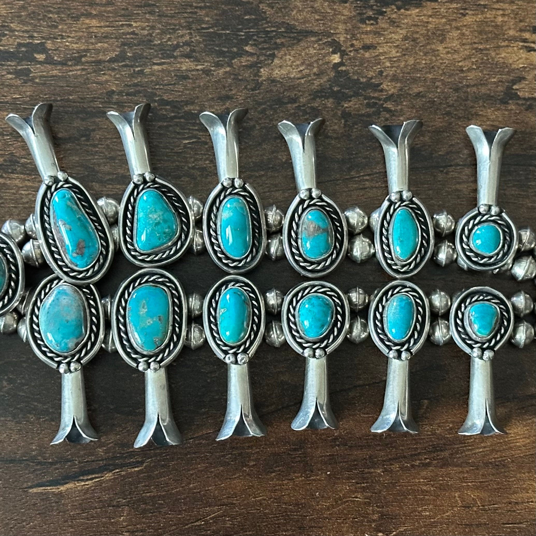 Turquoise 20 Stone Sterling Handmade Bead Twist Wire Bezel Squash Blossom