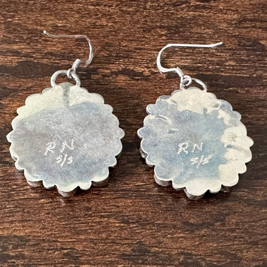 RN Signed Turquoise 22 Stone Sterling Petite Point Cluster Dangle Earrings