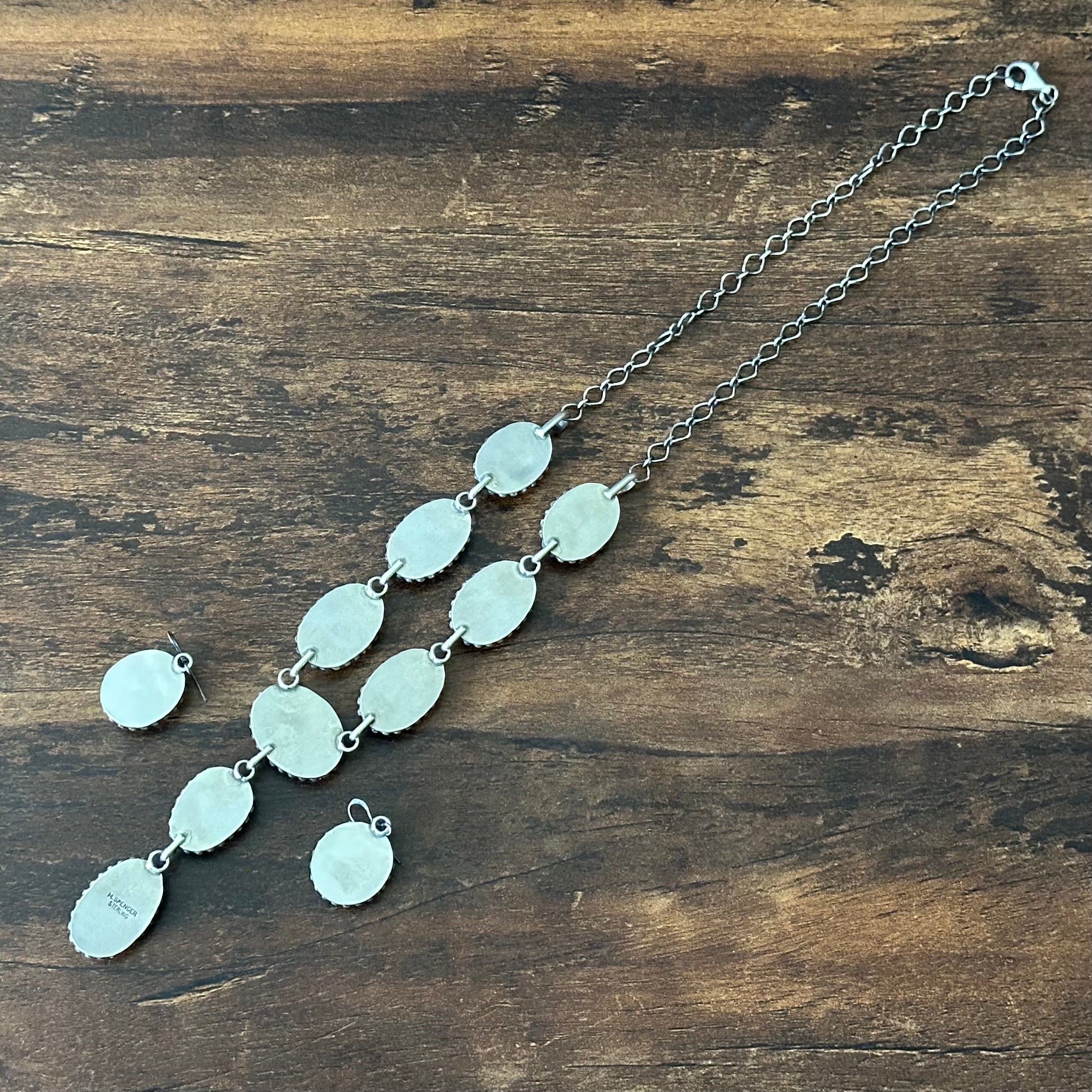 Navajo Mary Ann Spencer Golden Hills Turquoise 9 Stone Sterling Lariat Necklace Earrings Set