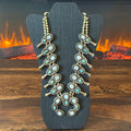 Vintage Turquoise Mother of Pearl 32 Stone Sterling Handmade Bead Stamped Twist Wire Squash Blossom