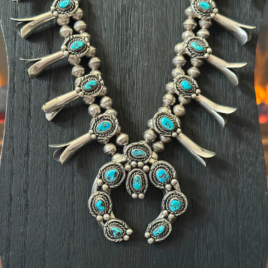Turquoise 20 Stone Sterling Handmade Bead Twist Wire Bezel Squash Blossom