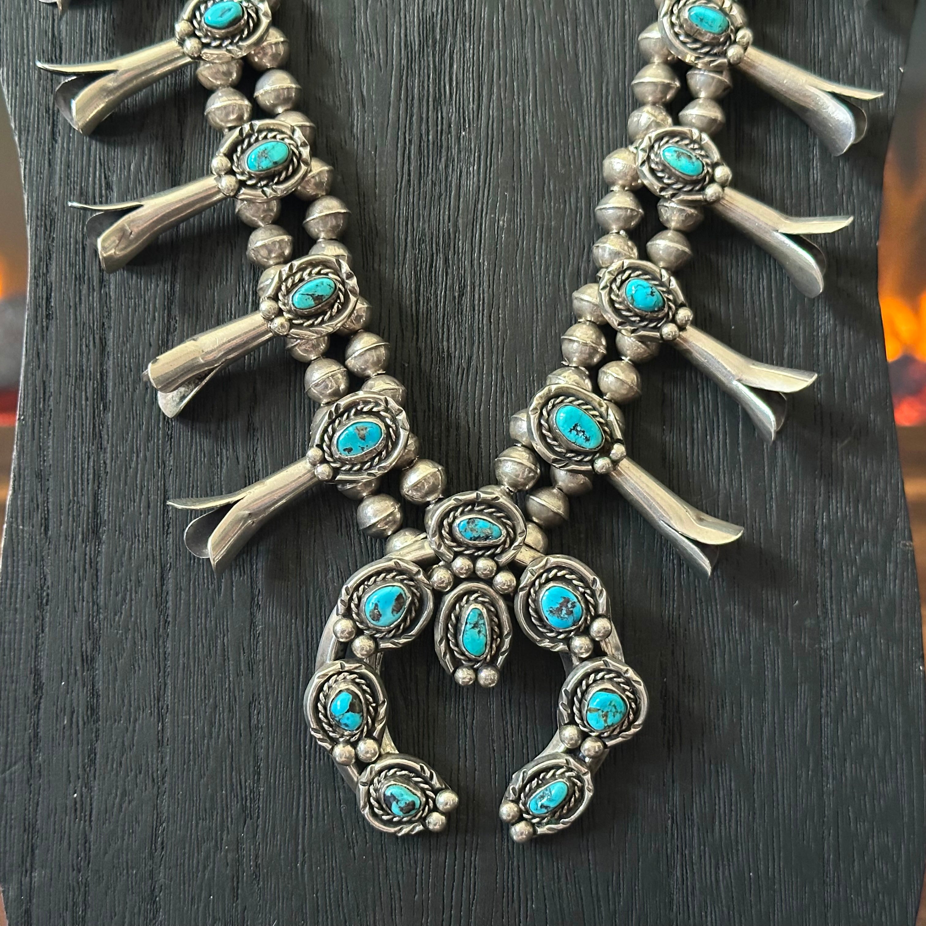 Turquoise 20 Stone Sterling Handmade Bead Twist Wire Bezel Squash Blossom