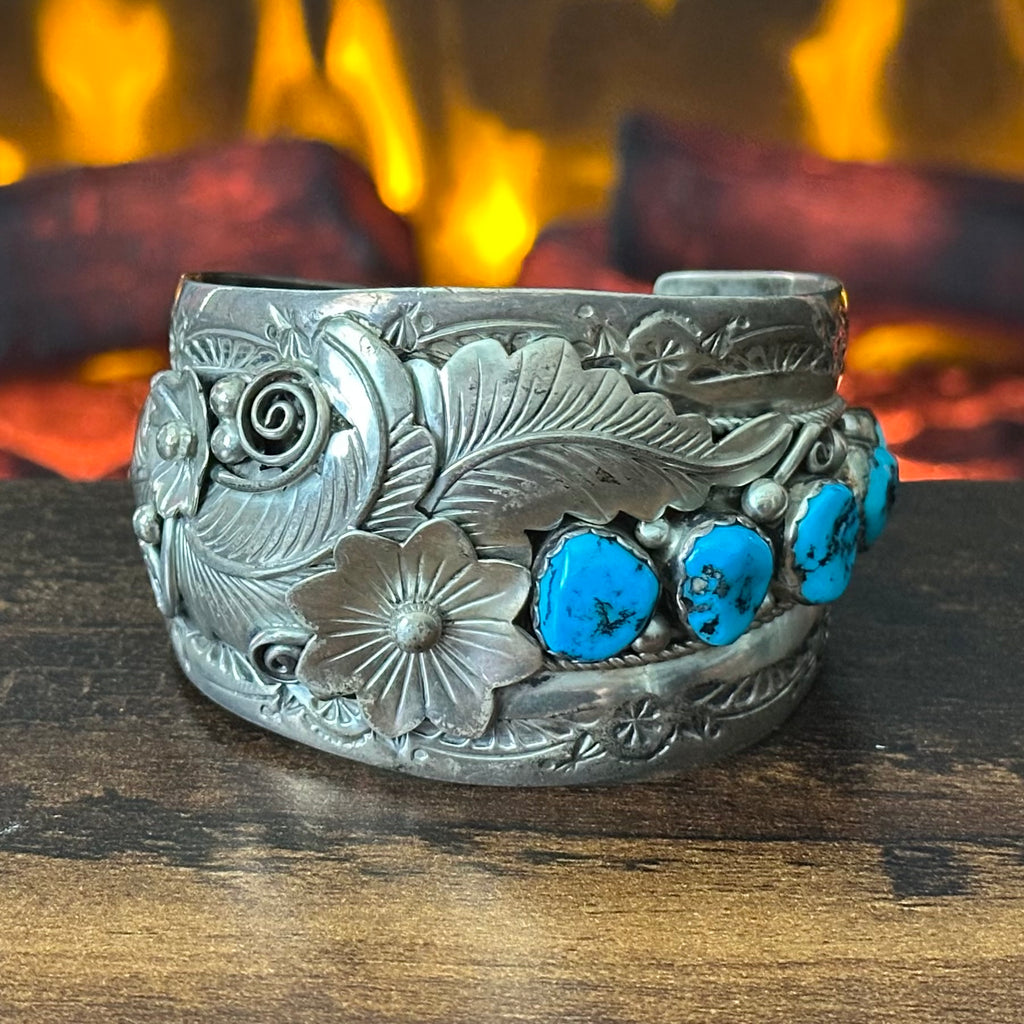 Navajo Ma’ Atsidii Vintage Turquoise 5 Stone Sterling Ornate Floral Statement Cuff