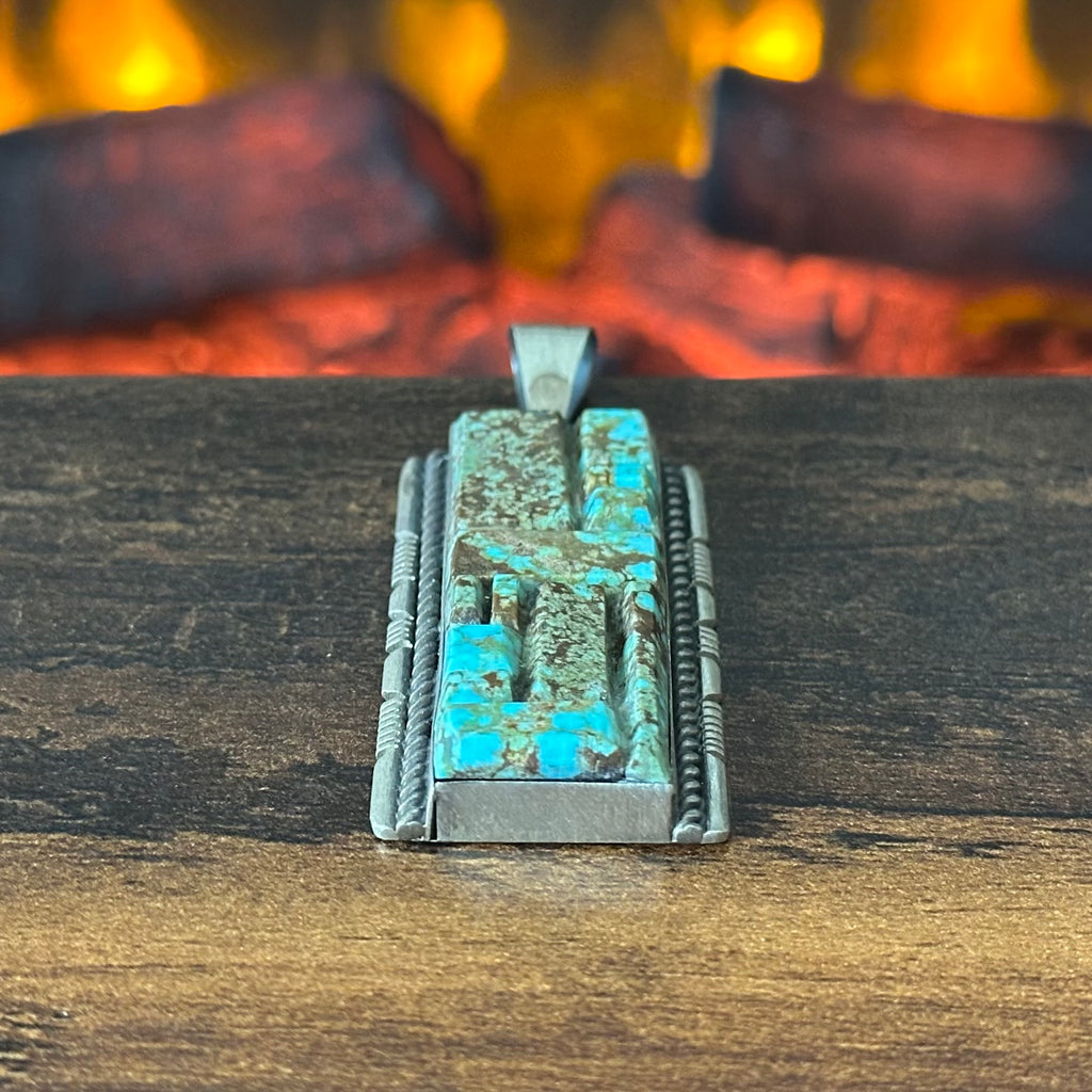 Navajo Steve Francisco Mine #8 Turquoise Sterling Twist Wire Cobblestone Inlay Statement Pendant