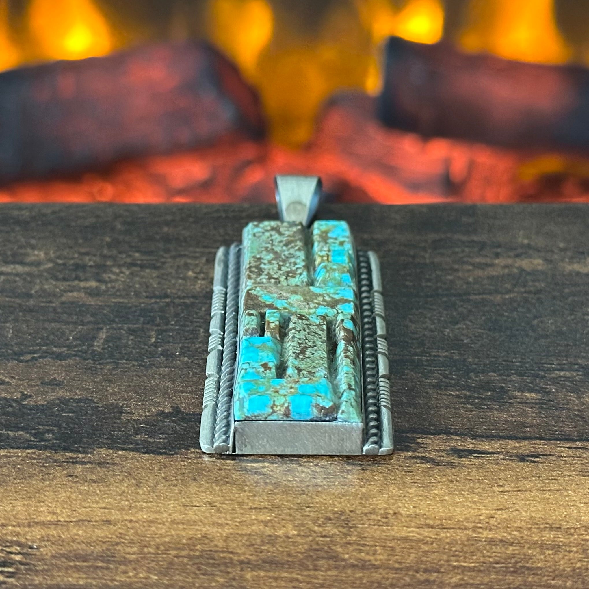 Navajo Steve Francisco Mine #8 Turquoise Sterling Twist Wire Cobblestone Inlay Statement Pendant