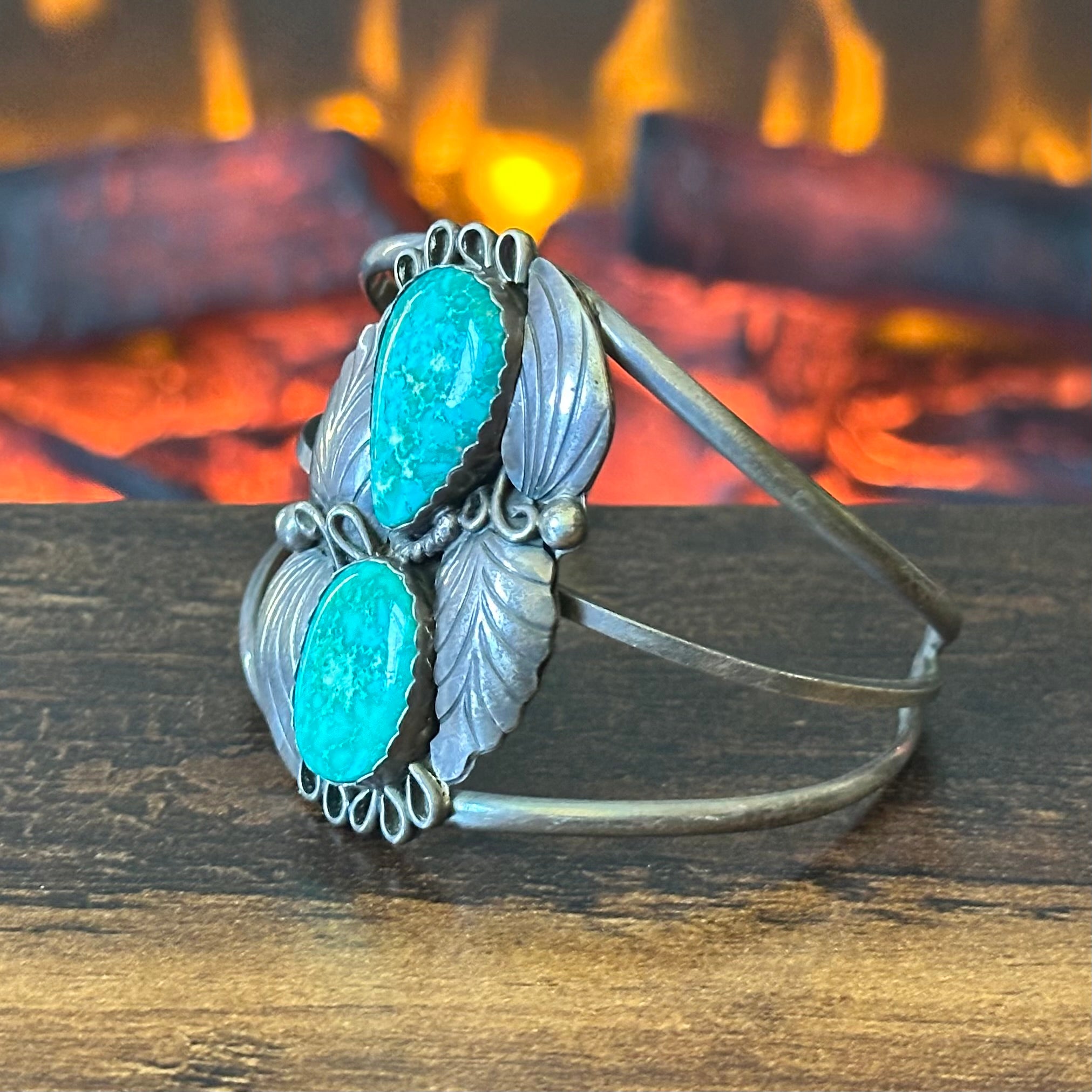 Turquoise Sterling Triple Shank Leaf Statement Cuff