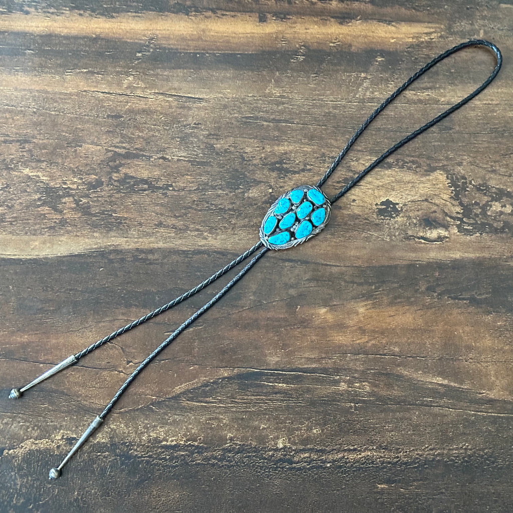 Turquoise Sterling 9 Stone Cluster Hand Stamped Bolo Tie