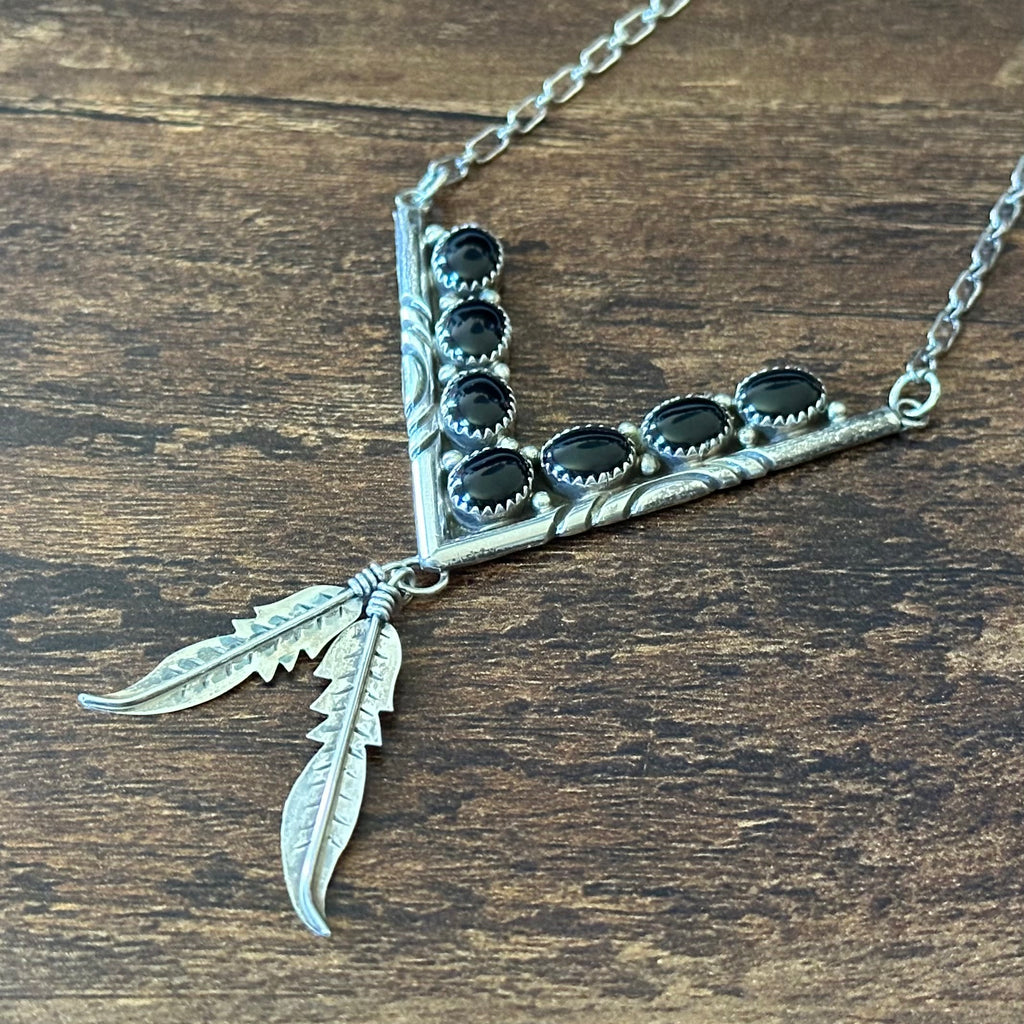 Navajo Nelson S. Clark Onyx 7 Stone Sterling V Shaped Feather Necklace