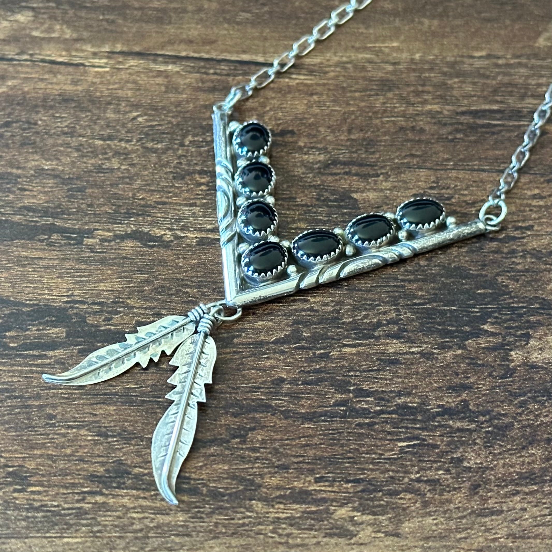 Navajo Nelson S. Clark Onyx 7 Stone Sterling V Shaped Feather Necklace